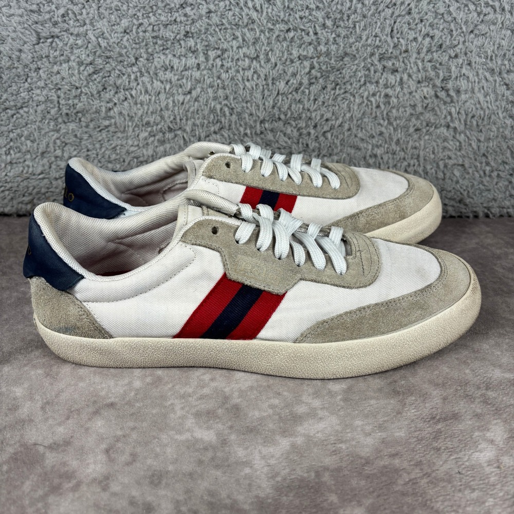Polo Ralph Lauren Sneakers Mens 9.5 White Court VLC Suede Nylon Stripe Low Top